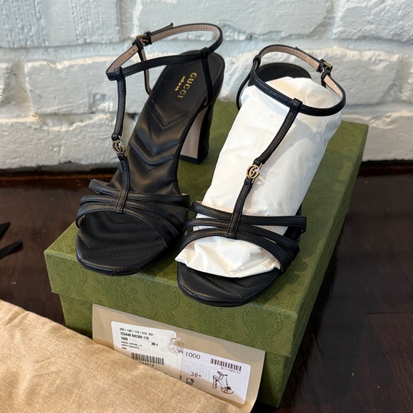 Gucci Black Strappy Women's Heels Sandals Matelasse 38.5